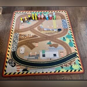 Melissa & Doug Construction rug and 10 wooden vehicles